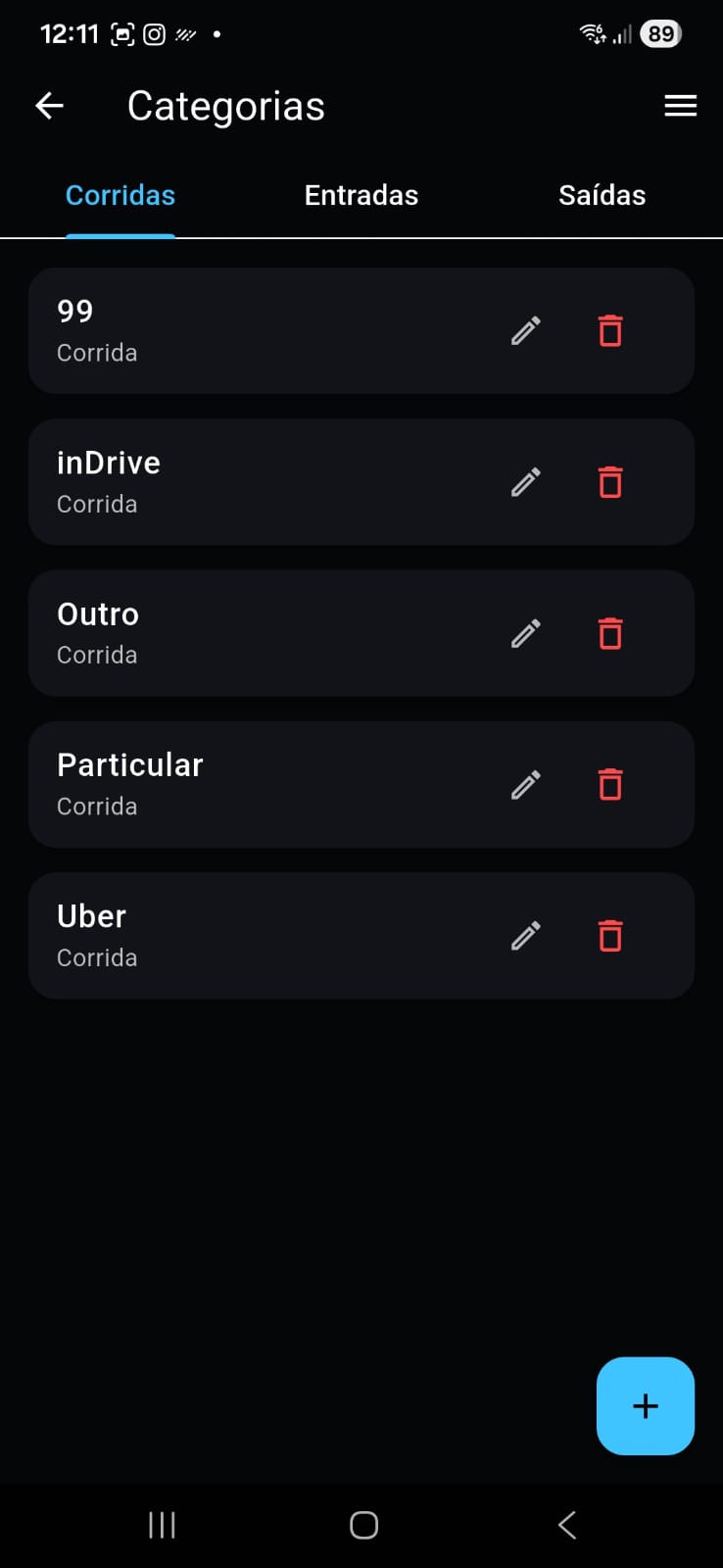 Tela de Categorias do Motorista APP